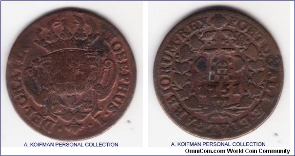 KM-269 (?), 1809 Brazil 20 reis; double value counterstamped 1751 Portuguese X reis (KM-165.1 ?); copper; in my opinion very good to a fine coin, probably some cleaning in the past, I put question marks on the KM references because the older Spain, Portugal and the New World catalog I have does not list KM-165.1 instead referencing KM-243.1 for the host coin, but it may have been renumbered; judging by the price it is rather unusual
