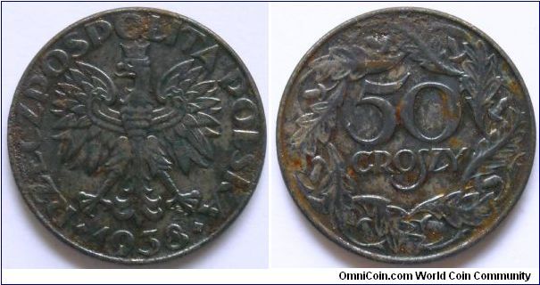 50 groszy.
1938, Steel.
WW II German occupation.
Issued for General Government.