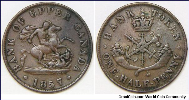 One Half Penny Token 1857 Bank of Upper Canada