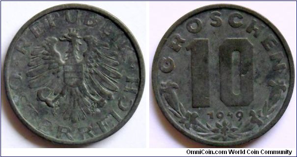 10 groschen.
1949, Zinc