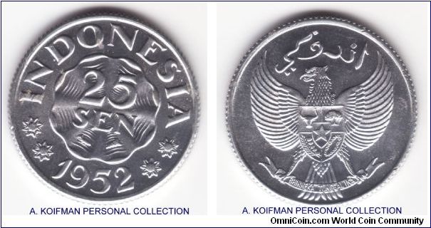 KM-8, 1952 Indonesia 25 sen; aluminum, reeded edge; uncirculated