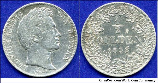 1/2 Gulden.
Kingdom of Bavaria.
Ludwig I (1825-1848).
Mintage 1,750,000 units.


Ag900f. 5,3gr.