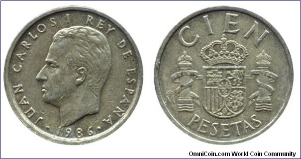 Spain, 100 pesetas, 1986, Al-Bronze, King Juan Carlos I.                                                                                                                                                                                                                                                                                                                                                                                                                                                            