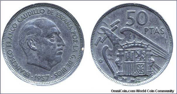 Spain, 50 pesetas, 1960 (1957), Cu-Ni, General Franco.                                                                                                                                                                                                                                                                                                                                                                                                                                                              