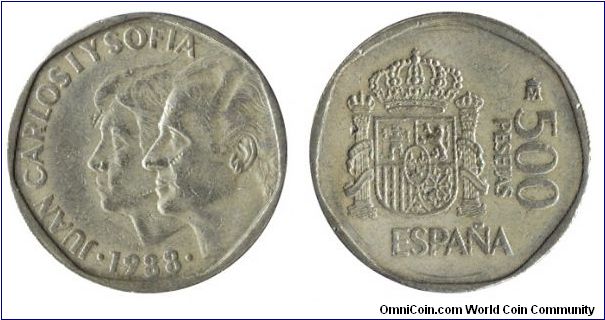 Spain, 500 pesetas, 1988, Cu-Al-Ni, Juan Carlos y Sofia.                                                                                                                                                                                                                                                                                                                                                                                                                                                            