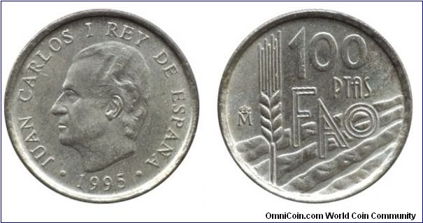 Spain, 100 pesetas, 1995, FAO, Wheat field, King Juan Carlos I.                                                                                                                                                                                                                                                                                                                                                                                                                                                     