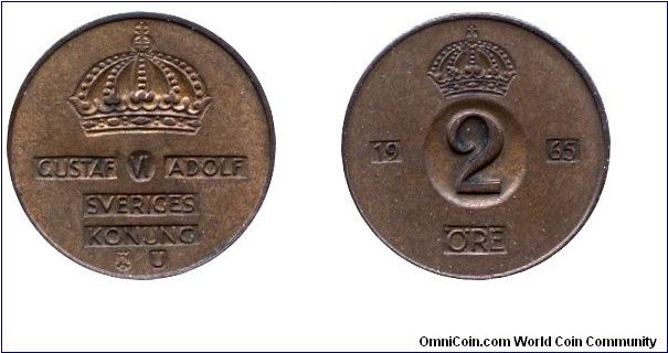 Sweden, 2 öre, 1965, Bronze, Gustaf VI Adolf, Sveriges Konung.                                                                                                                                                                                                                                                                                                                                                                                                                                                      