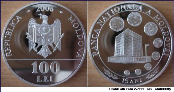 100 Lei - 15 years of national bank of Moldova - 31.1 g Ag .925 Proof - mintage 500 pcs only ! (very hard to find!)