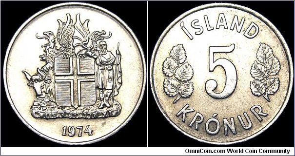 Iceland - 5 Kronur - 1974 - Weight 4,1 gr - Copper / Nickel - Size 20,6 mm - President / Kristjan Eldjarn - Mintage 1 200 000 - Edge : Plain - Reference KM# 18