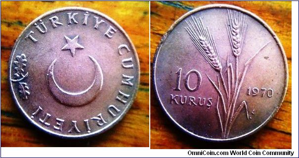 Turkiye 10 Kurus brass coin with wheat design on Rev