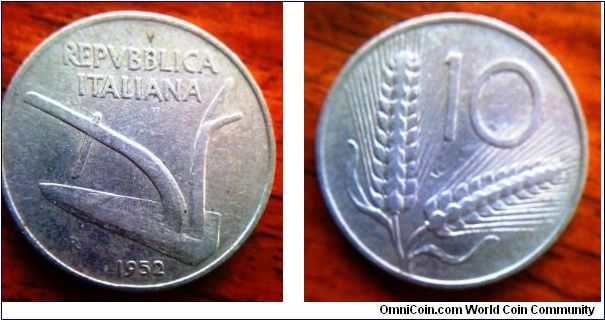 Hard to find 1952 Aluminum coin 10 lire showing a plow on Obv and wheat on Rev with the Repvbblica