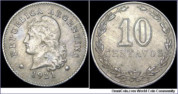 Argentina - 10 Centavos - 1921 - Weight 2,9 gr - Copper / Nickel - Size 19,6 mm - President Hipolito Irigoyen - Mintage 11 564 000 - Edge : Reeded - Reference KM# 35