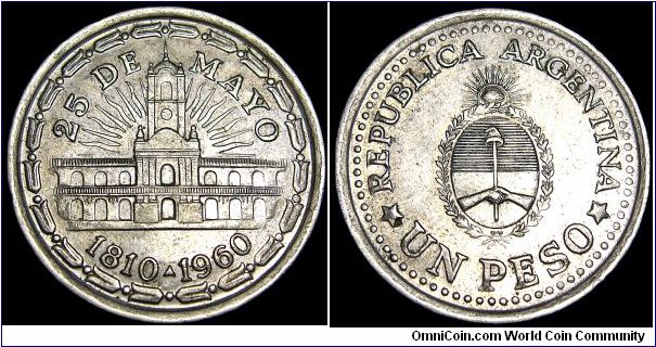 Argentina - 1 Peso - 1960 - Weight 6,7 gr - Nickel clad steel - Size 25,8 mm - President / Arturo Frondizi - Subject :150th Anniversary-Removal of Spanish viceroy - Mintage 98 751 000 - Edge : Reeded - Reference KM# 58