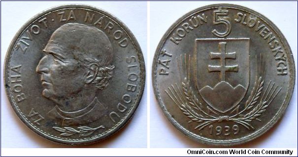 5 korun.
1939, Politician and catholic priest Andrej Hlinka.