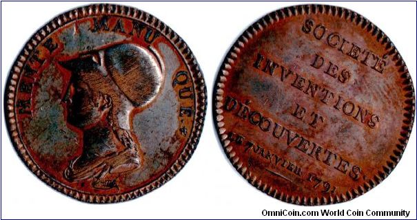 Revolutionary France era copper jeton (silvered)by `Dupre' issued for the learned `Societe des Inventions et Decouvertes. (Inventions and Discoveries)in January of 1791