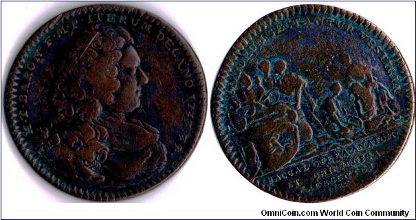 Copper jeton issued for Theodore-Hyacynthe Baron, Dean of the Faculty of Medecine at Paris University on two occasions, 1733-34 and 1750-54). This jeton was issued for his first term in office. The reverse scene depicts students involved with the Baccalaureate examinations in anatomy and surgery.