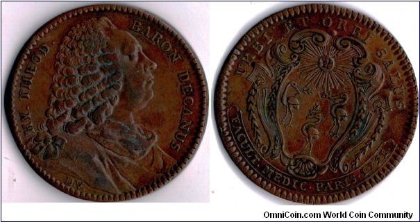 Copper jeton issued for Theodore-Hyacynthe Baron, Dean of the Faculty of Medecine at Paris University on two occasions, 1733-34 and 1750-54). This jeton was issued in 1751 for his second term in office. reverse depicts three storks.