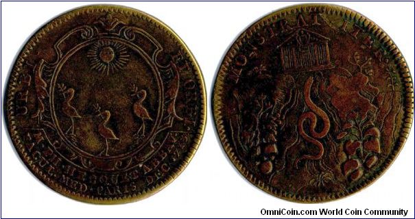Copper jeton issued for Philippe Hecquet, Dean of the Faculty of Medecine at Paris University from 1713-14. The obverse depicts aerpent heading for the temple of Aesculapius. The reverse depicts three storks. legend `urbi et Orbi' = for the town (Paris) and the world.