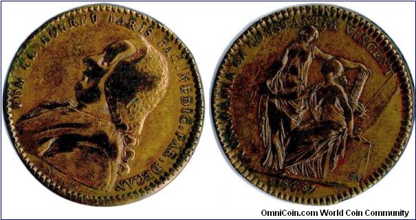 Copper jeton issued for Edmond-Claude Bourru, Dean of the Faculty of Medecine at Paris University from 1786-91. This being the first jeton issued during his tenure. The reverse depicts two female deities.