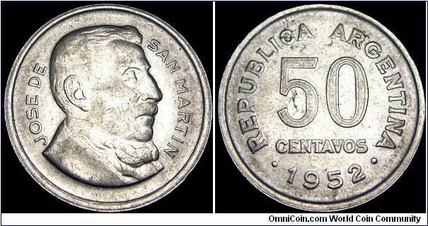 Argentina - 50 Centavos - 1952 - Weight 4,9 gr - Nickel clad steel - Size 23,3 mm - President / Juan Perón - Reverse / José de San Martin (Bust right) - Designer / Mario Baiardi - Mintage 29 736 000 - Edge : Plain - Reference KM# 49 (1952-56)