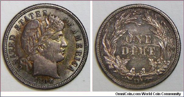 1908-D Toned Barber Dime