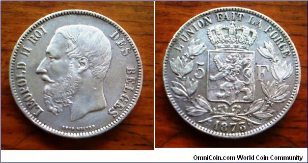 1873 Belgian silver crown size at 38mm diameter at 0.900Fine silver and 25 gram coin weight, nice luster!