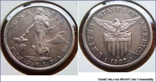 1907 Silver 1 Peso USA-Philippines 36mm diameter at 80% silver and 20gram weight. Nice coin