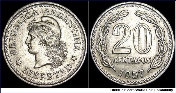 Argentina - 20 Centavos - 1957 - Weight 4,0 gr - Nickel clad steel - Size 21,1 mm - President / Pedro Aramburu - Mintage 89 365 000 - Edge : Plain - Reference KM# 55