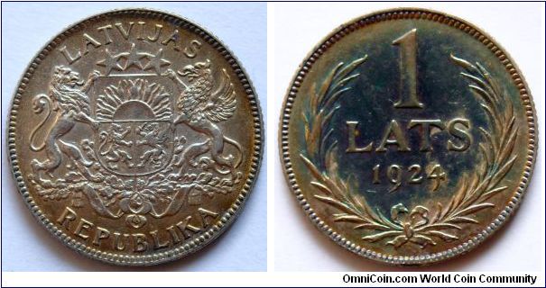 1 lats.
1924, Nice black colour toned. Ag835.
Weight 5g.
Diameter 23mm.
Reeded edge.
Mintage 10.000.000 units.