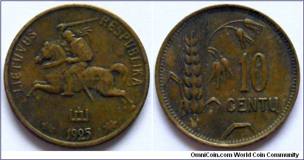 10 centu.
1925, Aluminum-brass.
Weight 2,10g.
Diameter 19mm.
Plain edge.
Mintage 12.000.000 units.
