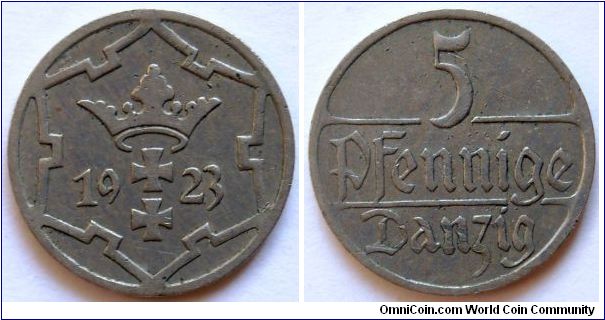 5 pfennige. Gdansk (Free City) Freie Stadt Danzig.
1923, Cu-ni.
Weight 2g.
Diameter 17,5mm.
Plain edge.
Mintage 3.000.000 units.