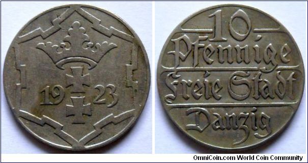 10 pfennige.
1923, Cu-ni.
Gdansk (Free City)
Freie Stadt Danzig.
Weight 4g.
Diameter 21,5mm.
Mintage 5.000.000 units.