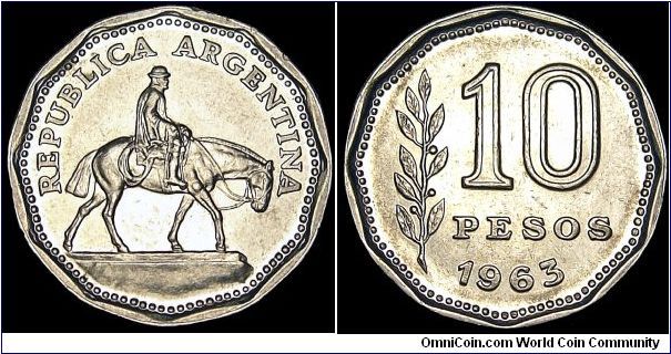 Argentina - 10 Pesos - 1963 - Weight 5 gr - Nickel clad steel - Size 23,2 mm - Obverse / Gaucho - Mintage 136 792 000 - Edge : Plain - Shape : 12-Sided - Reference KM# 60