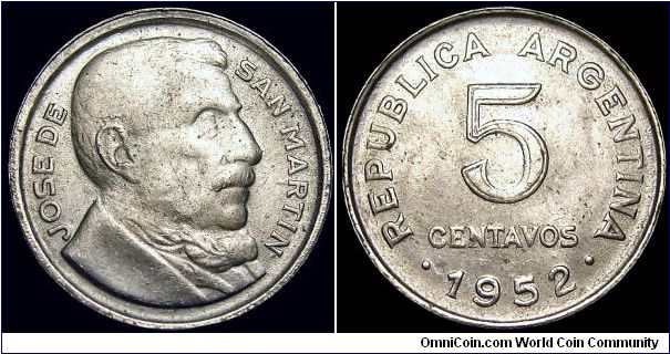 Argentina - 5 Centavos - 1952 - Weight 1,9 gr - Copper / Nickel - Size 17,3 mm - President / Juan Perón - Designer / Mario Baiardi - Mintage 33 110 000 - Edge : Reeded - Reference KM# 46 (1951-53)
