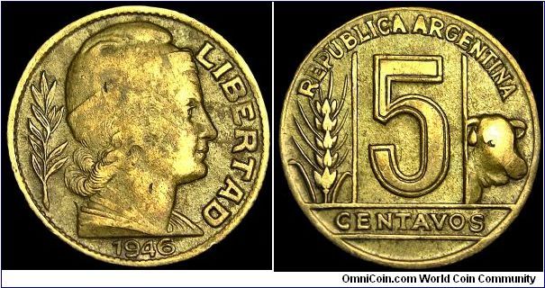 Argentina - 5 Centavos - 1946 - Weight 2,0 gr - Aluminum / Bronze - Size 17,6 mm - Mintage 20 460 000 - Edge : Reeded - Reference KM# 40