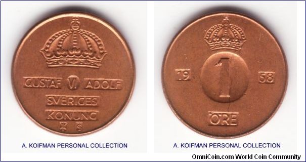 KM-820, 1958 Sweden ore; mint official TS; plain edge, bronze; good uncirculated.