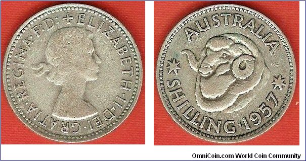 1 shilling
Elizabeth II by Mary Gillick, F.D. added 
ram's head
0.500 silver
Melbourne Mint