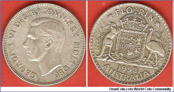 1 florin
George VI by T.H. Paget, w.o. IND.IMP.
national arms
0.500 silver
Melbourne Mint