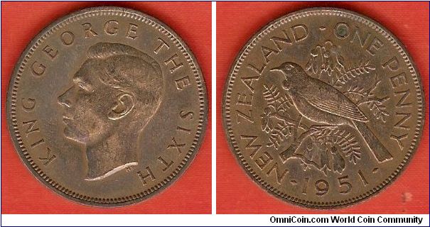 1 penny
George VI by T.H. Paget
Tui bird
bronze