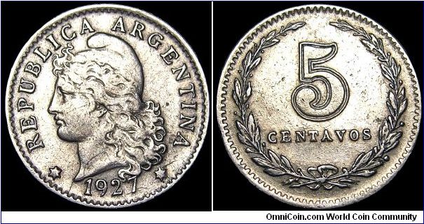 Argentina - 5 Centavos - 1927 - Weight 1,9 gr - Coppar / Nickel - Size 17,3 mm - President / Marcelo T De Alvear - Mintage 5 650 000 - Edge : Reeded - Reference KM# 34