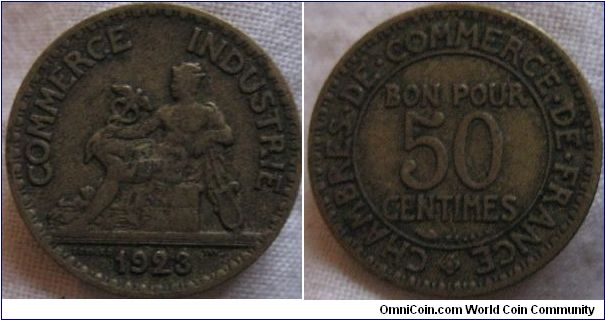 1923 50 centimes, bit dirty fine grade