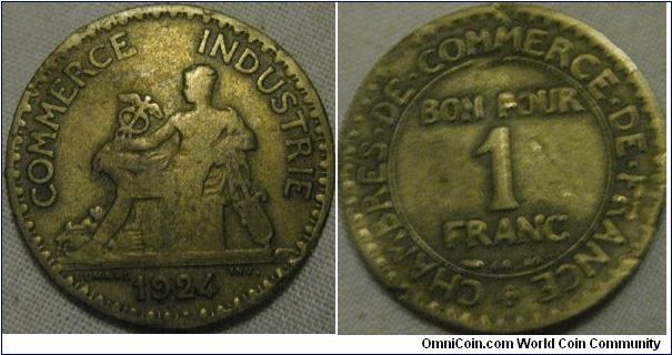 1924 franc, heavy wear.