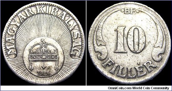 Hungary - 10 Filler - 1926 - Weight 3 gr - Copper / Nickel - Size 19 mm - Ruler / Miklos Horthy De Nagybanya - Mintage 20 001 000 - Edge : Plain - Reference KM# 507