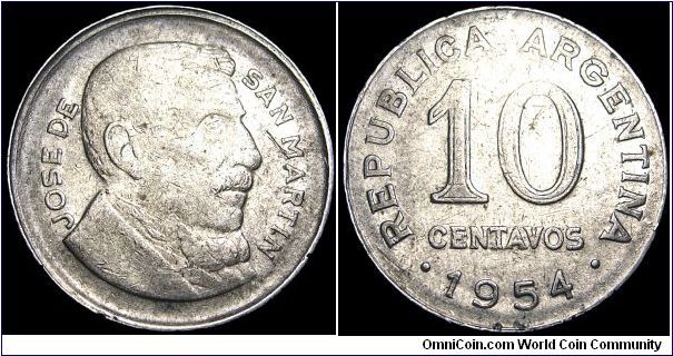 Argentina - 10 Centavos - 1954 - Weight 3,0 gr - Nickel clad steel - Size 19 mm - President / Juan Perón - Designer / Mario Baiardi - Mintage 117 200 000 - Reference KM# 51 (1954-56)