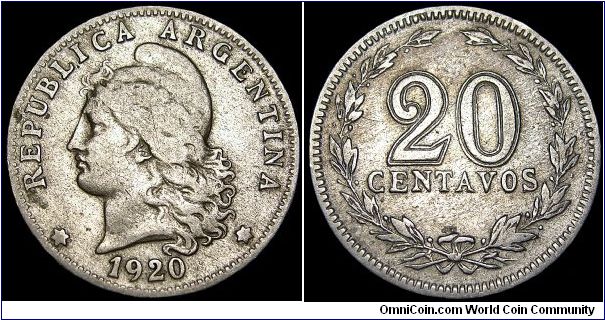 Argentina - 20 Centavos - 1920 - Weight 3,9 gr - Copper / Nickel - Size 21,4 mm - President / Hipolito  Irigoyen - Mintage 7 572 000 - Edge : Reeded - Reference KM# 36