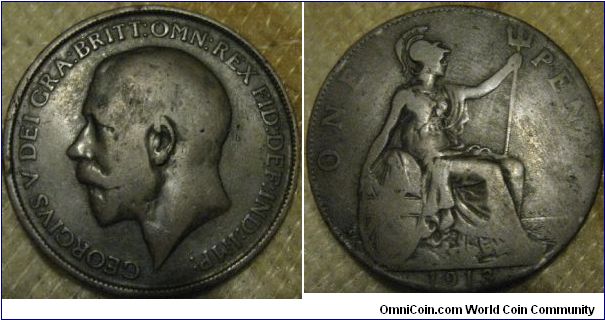 1913 penny, average grade, possibly weak strking makes coin look more worn then it really is