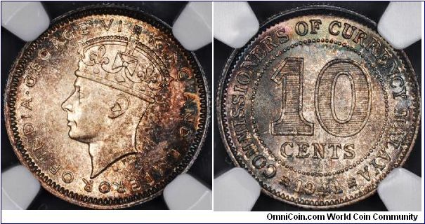 1941 NGC MS62 MALAYA 10 CENTS BEAUTIFUL TONING