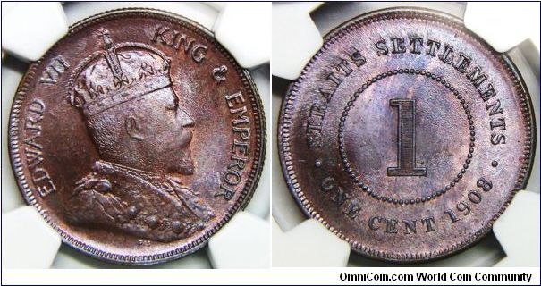 1908 NGC MS65BN STRAITS SETTLEMENTS CENT, BEAUTY