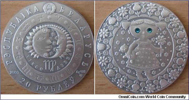 20 Ruble - Zodiac sign Virgo - 28.28 g Ag .925 UNC (oxidized with two artificials crystals) - mintage 25,000