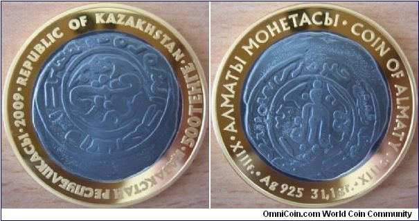 500 Tenge - Coin of Almaty - 31.1 g Ag .925 Proof (gold plated outer circle) - mintage 4,000